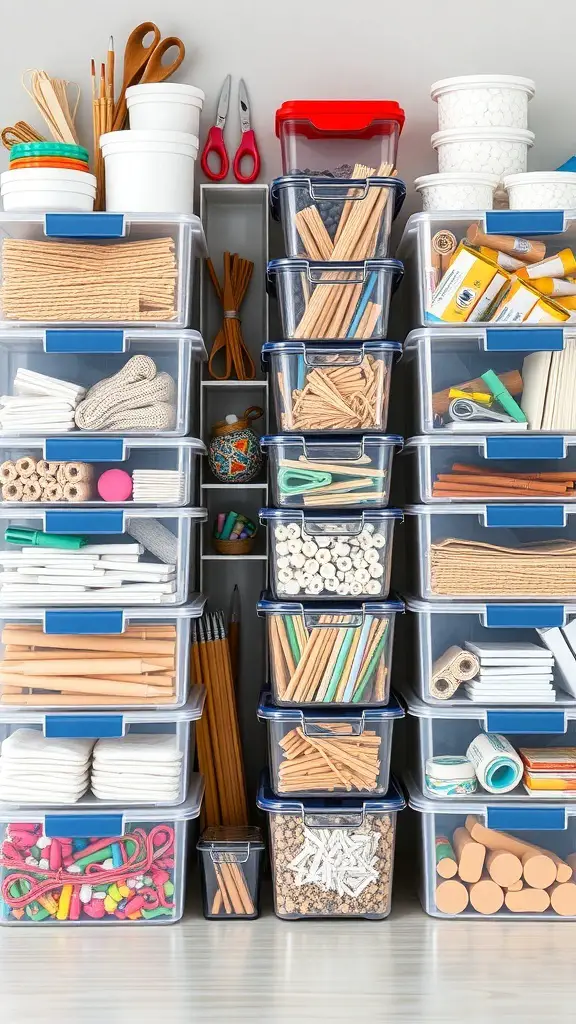 25 Creative Craft Organization Ideas You’ll Love 13 A variety of stackable storage containers filled with crafting supplies, neatly organized on shelves.