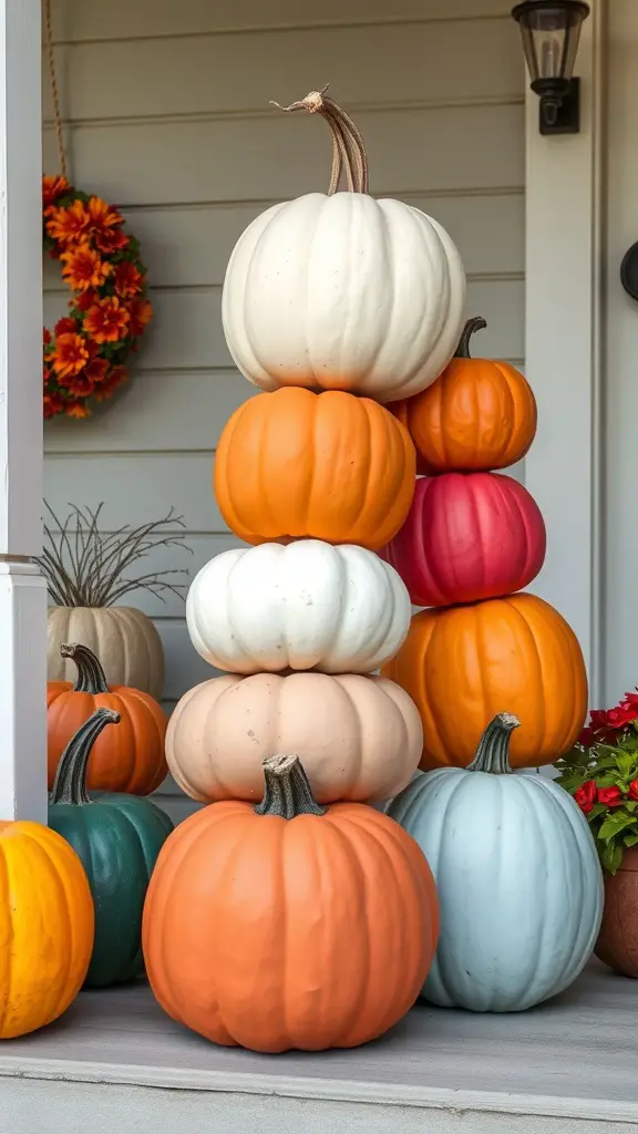 23+ Spooky DIY Outdoor Halloween Decorations to Enchant Your Yard 4 Colorful pumpkin stack towers in various sizes and colors on a porch