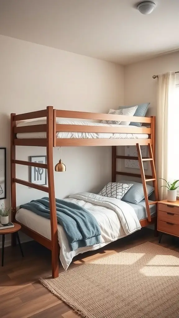 15+ Creative Adult Bunk Bed Ideas for Small Rooms 6 Stylish twin-over-full bunk bed in a small room with warm wood finish and cozy bedding.