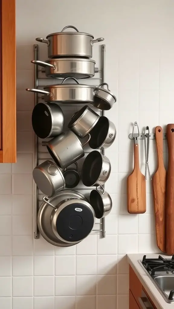 23+ Genius Ways to Organize Your Pots and Pans Storage 3 A wall-mounted rack displaying various pots and pans in a kitchen.