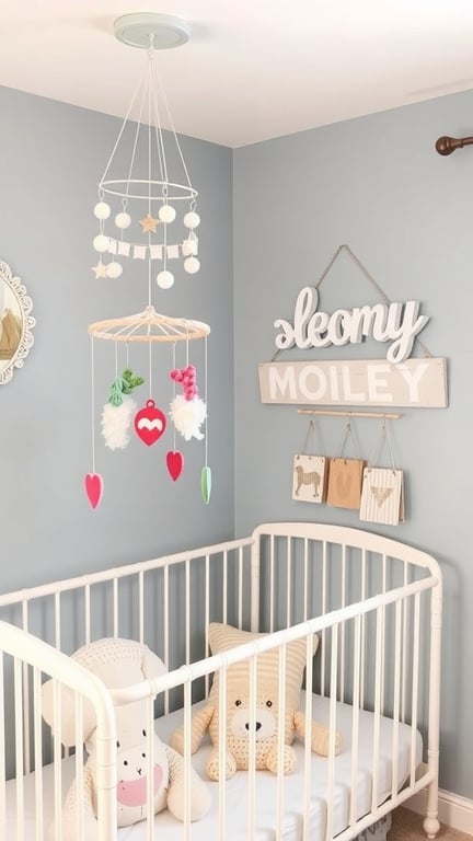 31+ Creative Small Nursery Ideas for Space-Saving Solutions 4 A cozy nursery with a crib, plush toys, a colorful mobile, and a personalized name sign.
