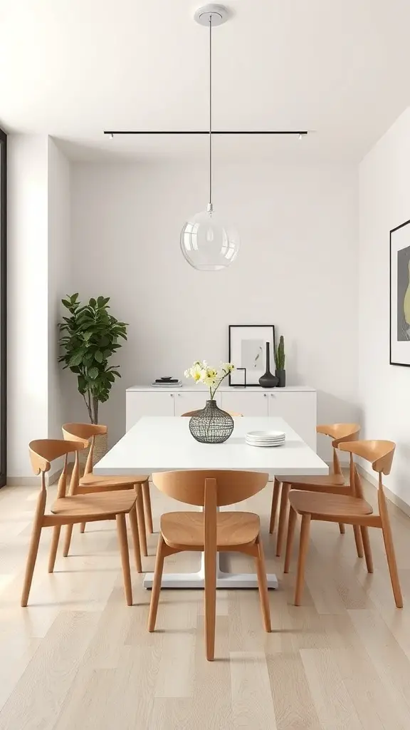 A modern minimalist dining room featuring a white table, wooden chairs, and a pendant light.