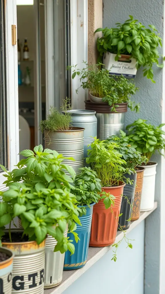 A variety of herbs planted in recycled containers on a windowsill.
