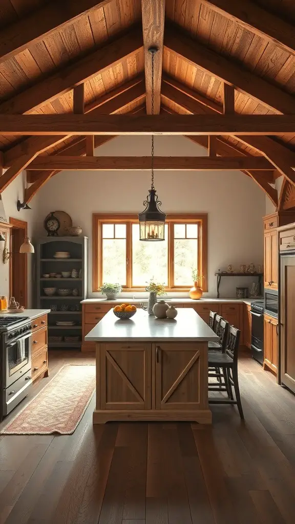 25+ Inspiring Modern Barndominium Ideas You’ll Love 4 A rustic kitchen with wooden beams, a large island, and natural light from windows
