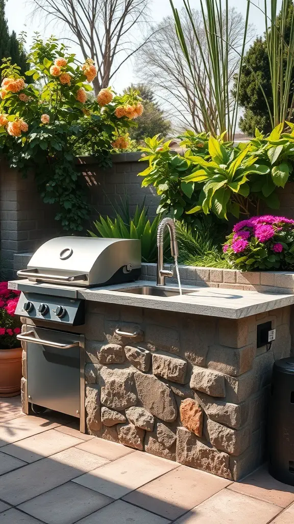Outdoor grill island featuring a sink surrounded by flowers and greenery.