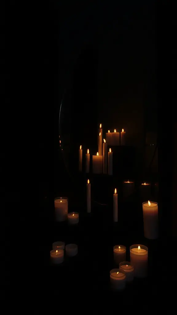 25+ Stunning Dark Feminine Decor Ideas for Your Room 6 A collection of candles in a dark room, reflecting in a mirror, creating a warm and inviting atmosphere.