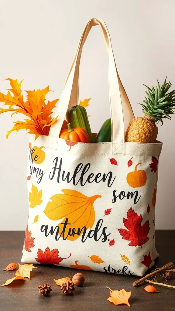 23+ Creative Fall Crafts to Sell This Season 17 Customized fall-themed tote bag filled with autumn produce and decorative leaves.