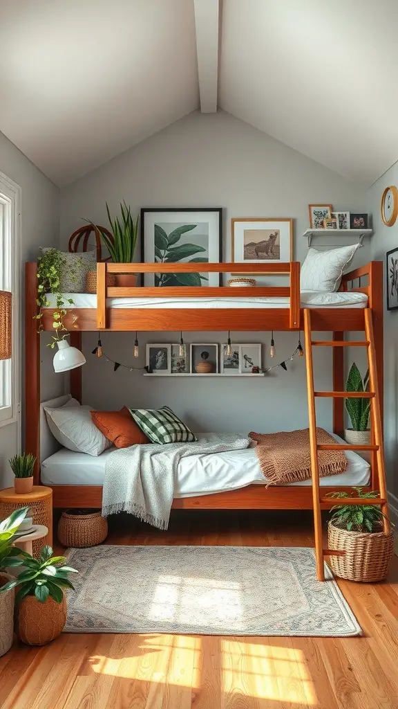 A cozy loft bed setup with wooden frame, decorative plants, and framed artwork.