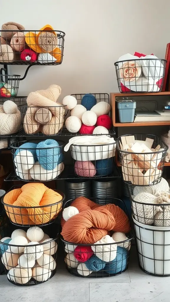 25 Creative Craft Organization Ideas You’ll Love 11 A collection of wire baskets filled with colorful yarn and crafting supplies.