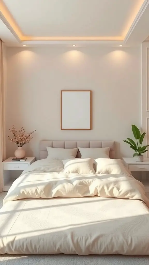 A serene Stockholm style bedroom with light colors, fluffy bedding, and natural decor.