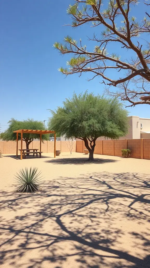 25+ Stunning Desert Landscaping Ideas for Your Front Yard 13 A desert yard featuring trees providing shade, a pergola, and sandy ground.