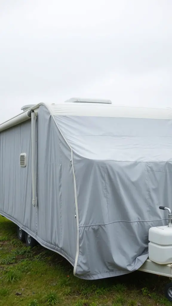 17+ Creative RV Shelter Ideas to Protect Your Home on Wheels 4 An RV covered with a gray fabric cover, protecting it from the elements.