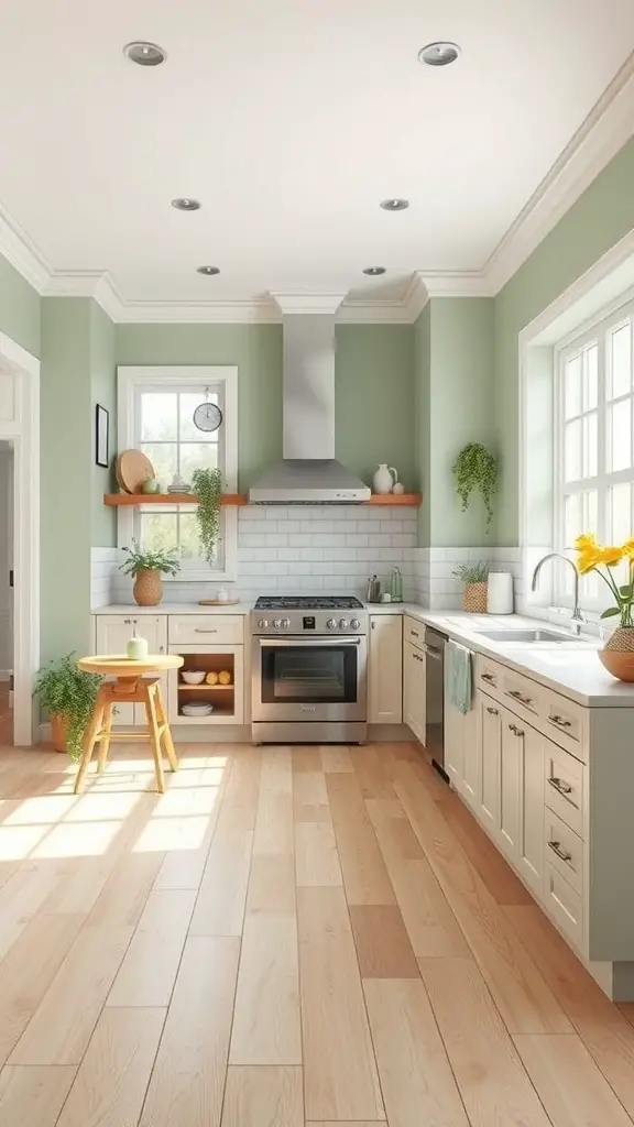 27+ Stunning Sage Green and Wood Kitchen Ideas You’ll Love 5 A bright kitchen with sage green walls and light wood flooring, featuring large windows and plants.