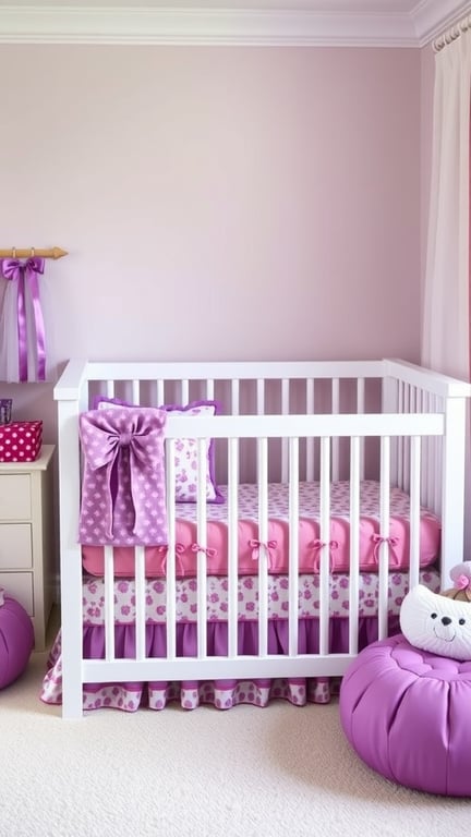 29+ Adorable Purple Nursery Ideas for Your Little One 7 A nursery with a white crib featuring purple and pink bedding, decorated with floral patterns and a bow, alongside matching purple poufs.