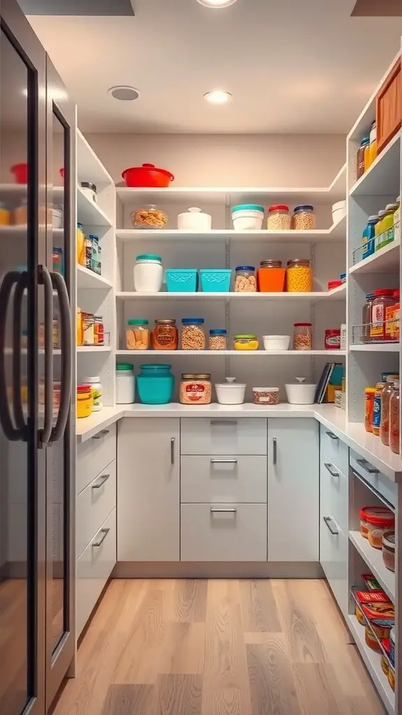 17+ Creative L Shaped Pantry Ideas for Your Kitchen 4 A well-organized pantry with colorful containers and jars on white shelves.