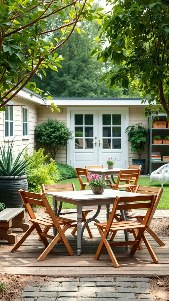 23+ Cozy Homeschool Room Ideas for a Perfect Learning Space 16 A cozy outdoor learning space with a table and chairs surrounded by greenery.