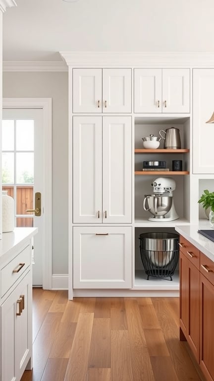 21 Creative Kitchen Appliance Storage Solutions You Need to Try 8 A modern kitchen with organized storage for large appliances, featuring cabinets and open shelves.