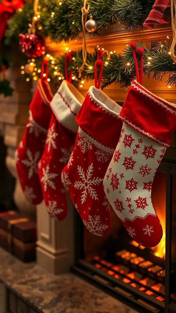 A cozy fireplace adorned with red and white Christmas stockings, featuring snowflake designs.