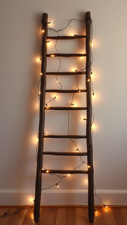 21+ Easy and Affordable DIY Headboard Ideas to Transform Your Bedroom 4 A rustic wooden ladder decorated with string lights, serving as a headboard.