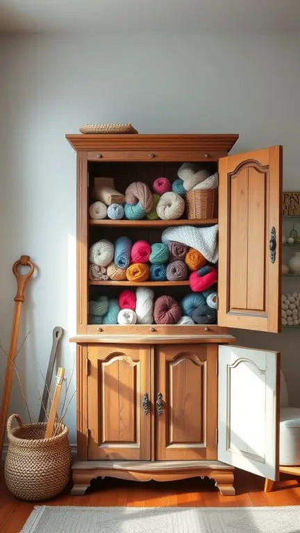 25+ Creative Yarn Storage Ideas for Organizing Your Stash 7 A wooden cabinet filled with colorful yarns, showcasing a cozy yarn storage solution.