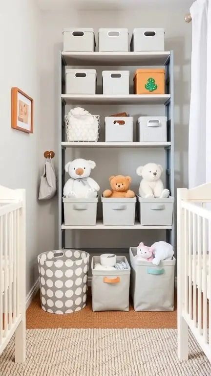27+ Adorable Gender Neutral Baby Nursery Ideas You’ll Love 10 A well-organized nursery storage unit with various bins and plush toys
