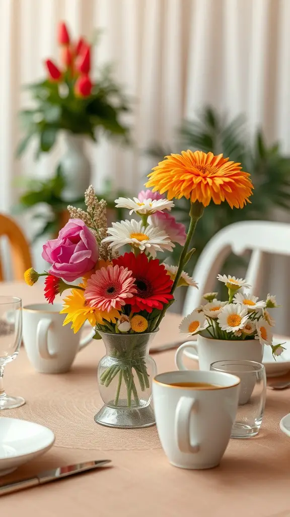 17 Creative Coffee Baby Shower Ideas You’ll Love 6 A table set with coffee cup centerpieces filled with colorful flowers.