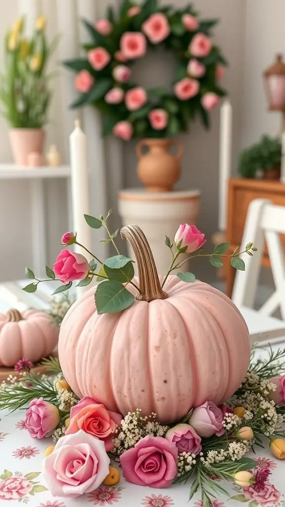 20+ Adorable Pink Pumpkin Baby Shower Ideas 4 A charming pink pumpkin centerpiece surrounded by roses and greenery.