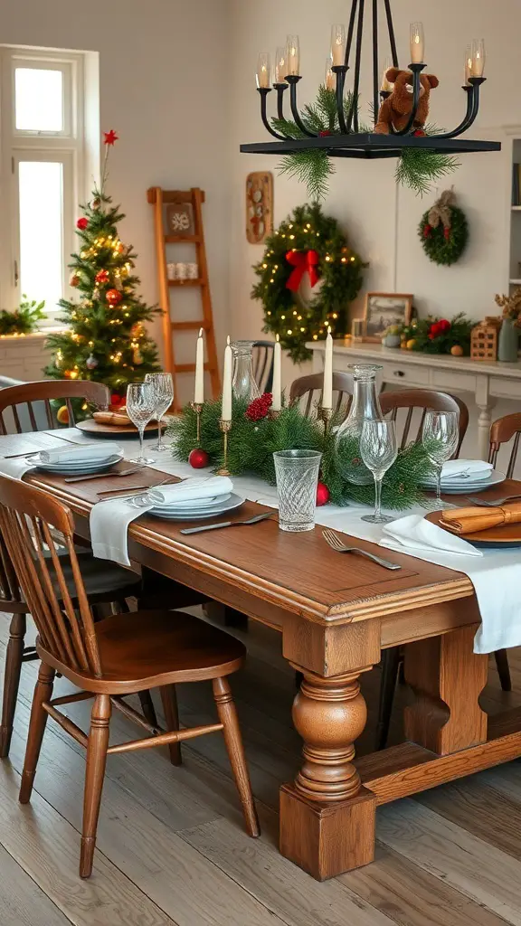 27+ Rustic Farmhouse Christmas Decor Ideas You’ll Love 9 Rustic farmhouse Christmas table setting with greenery, candles, and a decorated tree.