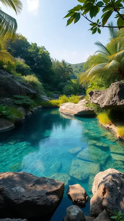 37+ Stunning Backyard Pool Design Ideas to Transform Your Outdoor Space 9 A beautiful natural lagoon style pool surrounded by rocks and lush greenery.