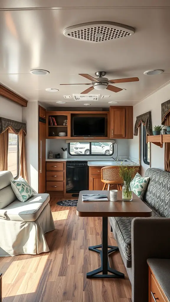 23+ Cozy RV Living Room Ideas for Ultimate Comfort 16 A cozy RV living room with a sofa, table, and kitchen area.