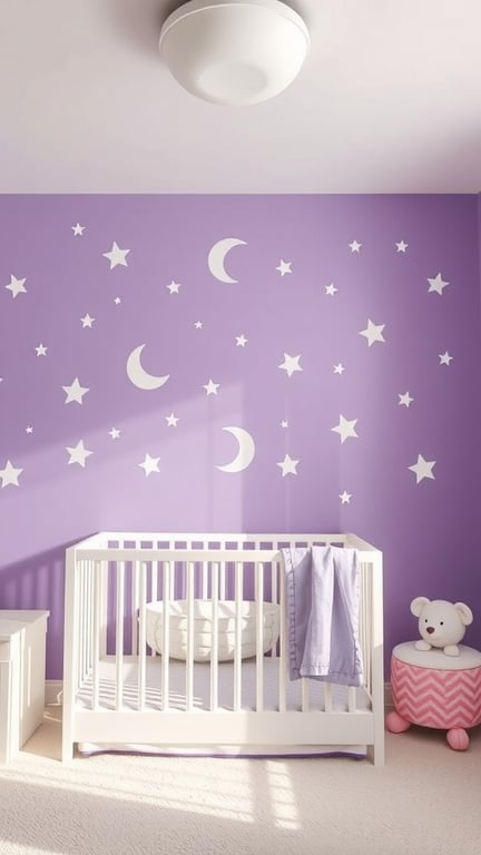 29+ Adorable Purple Nursery Ideas for Your Little One 4 Nursery with purple wall featuring white stars and moons
