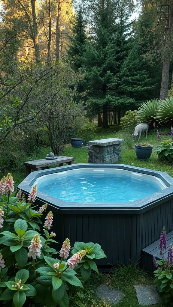 A hot tub surrounded by greenery and flowers, with a stone table nearby.