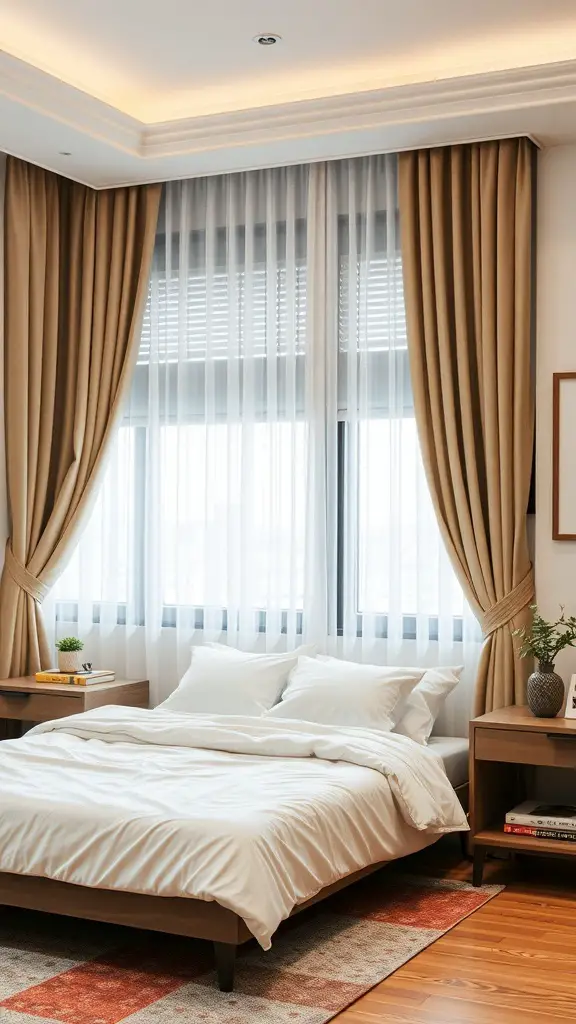 Stylish bedroom with elegant window treatments featuring sheer curtains and drapes.