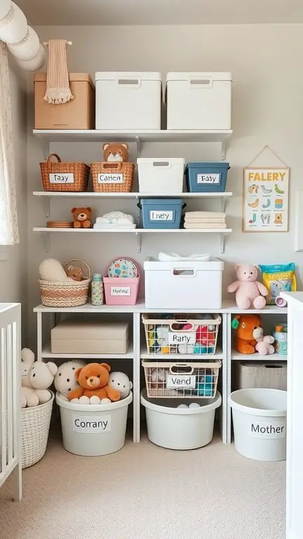 31+ Creative Small Nursery Ideas for Space-Saving Solutions 12 Organized nursery shelves with labeled bins and toys