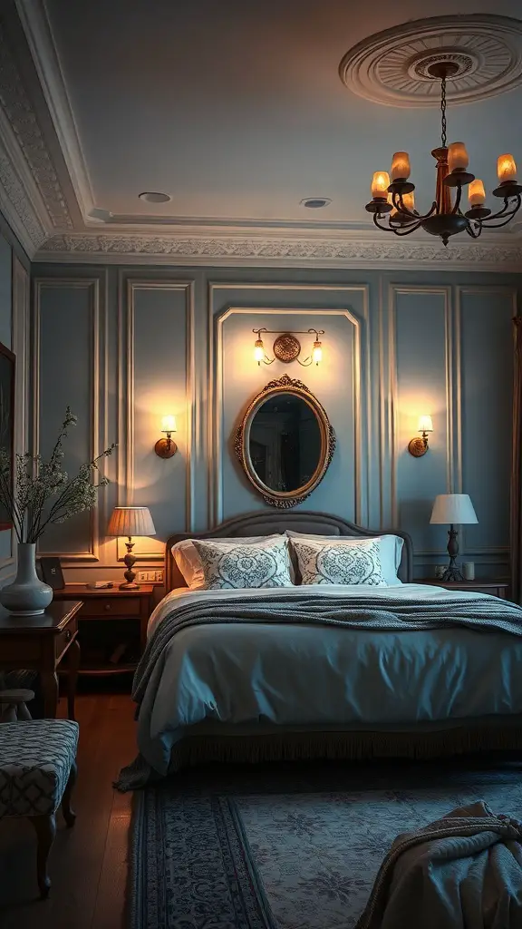 23+ Stunning Dusty Blue Bedroom Ideas to Transform Your Space 7 A cozy dusty blue bedroom featuring warm lighting from a chandelier and wall sconces.