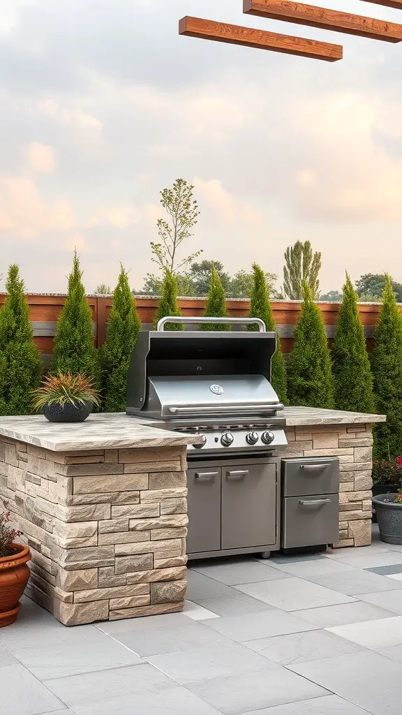 A modern outdoor grill island featuring a stone base and stainless steel grill, surrounded by greenery.
