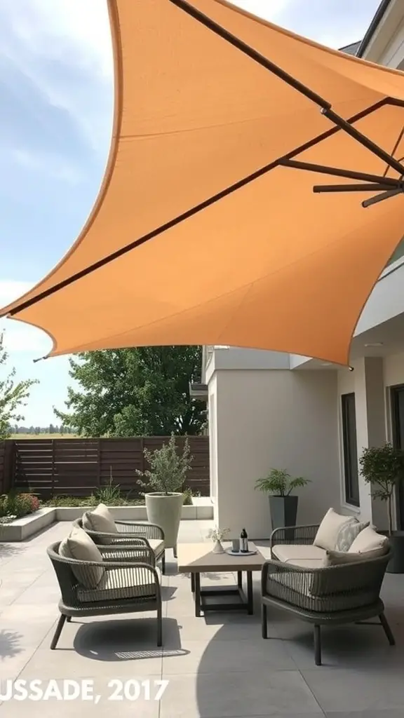 17+ Creative Patio Umbrella Ideas for Your Outdoor Space 6 A modern patio with a large orange sail shade structure providing shade over seating area.