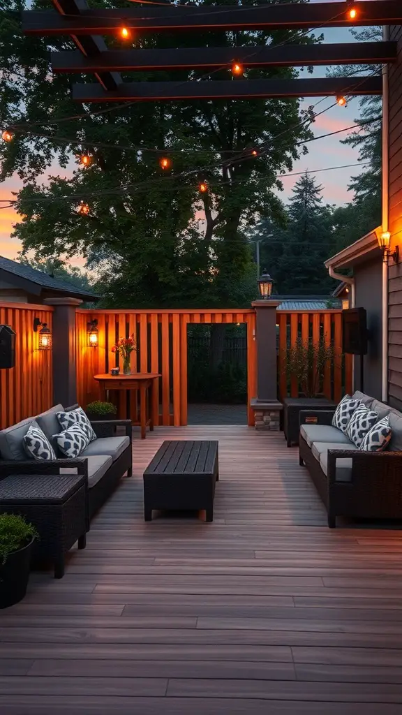 19+ Creative Privacy Wall Ideas for Your Deck 12 A cozy deck with a privacy wall, string lights, and comfortable seating.