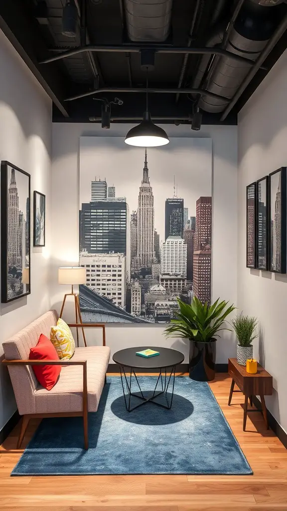 23+ Cozy Small Facial Room Ideas for a Relaxing Retreat 3 A stylish small facial room featuring a cityscape backdrop, cozy furniture, and decorative elements.