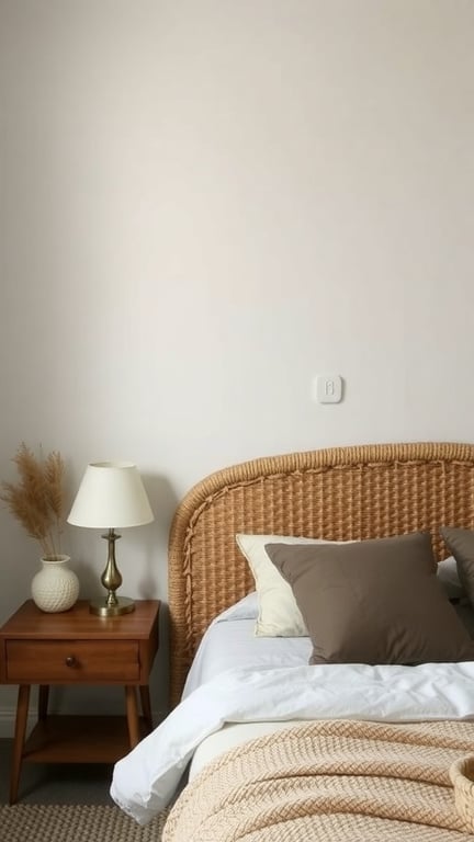 21+ Easy and Affordable DIY Headboard Ideas to Transform Your Bedroom 13 A cozy bedroom featuring a woven basket headboard, soft bedding, and a bedside lamp.