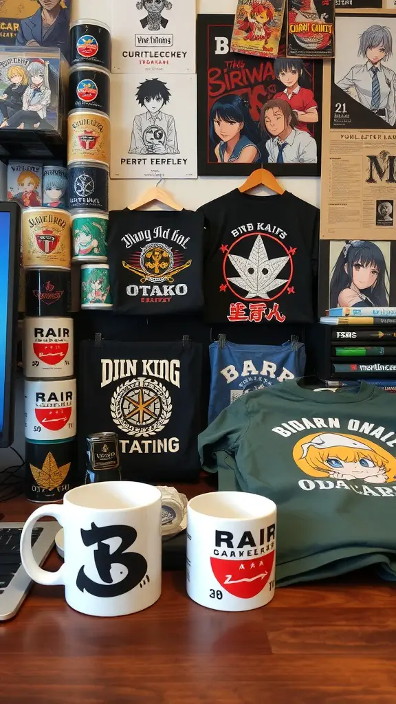 A colorful display of otaku merchandise including t-shirts, mugs, and posters.