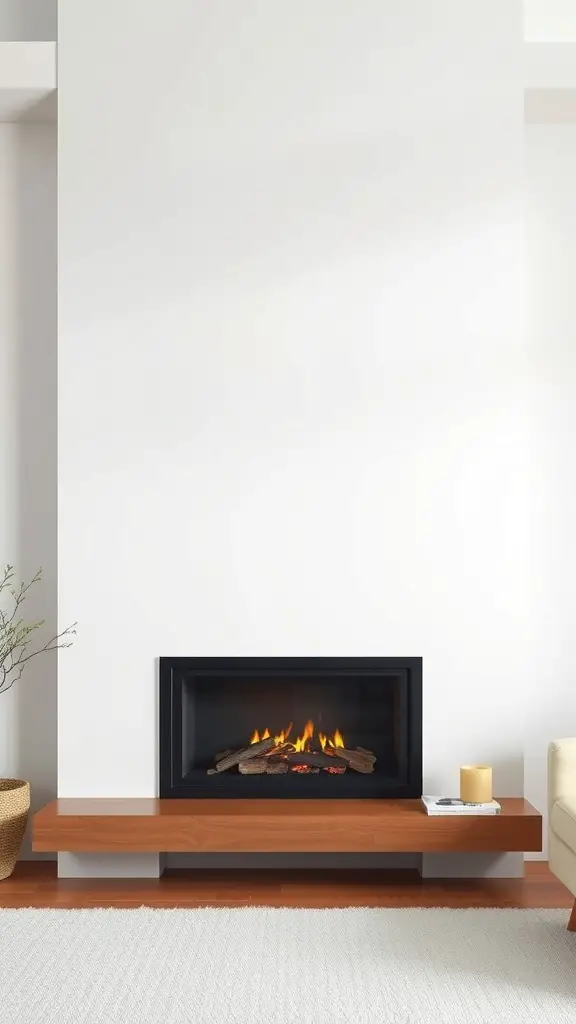 19+ Creative Fireplace Wall Ideas to Transform Your Space 4 A modern minimalist fireplace with a black frame and wooden shelf, featuring flickering flames.