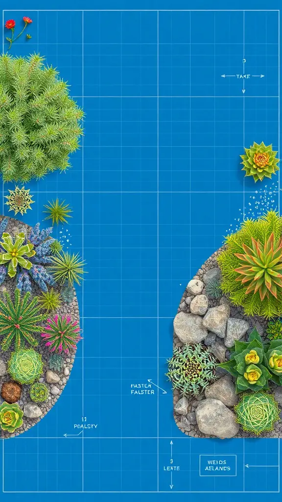 27+ Creative Xeriscape Landscaping Ideas for a Sustainable Garden 12 A blueprint layout for xeriscape landscaping featuring various plants and stones.