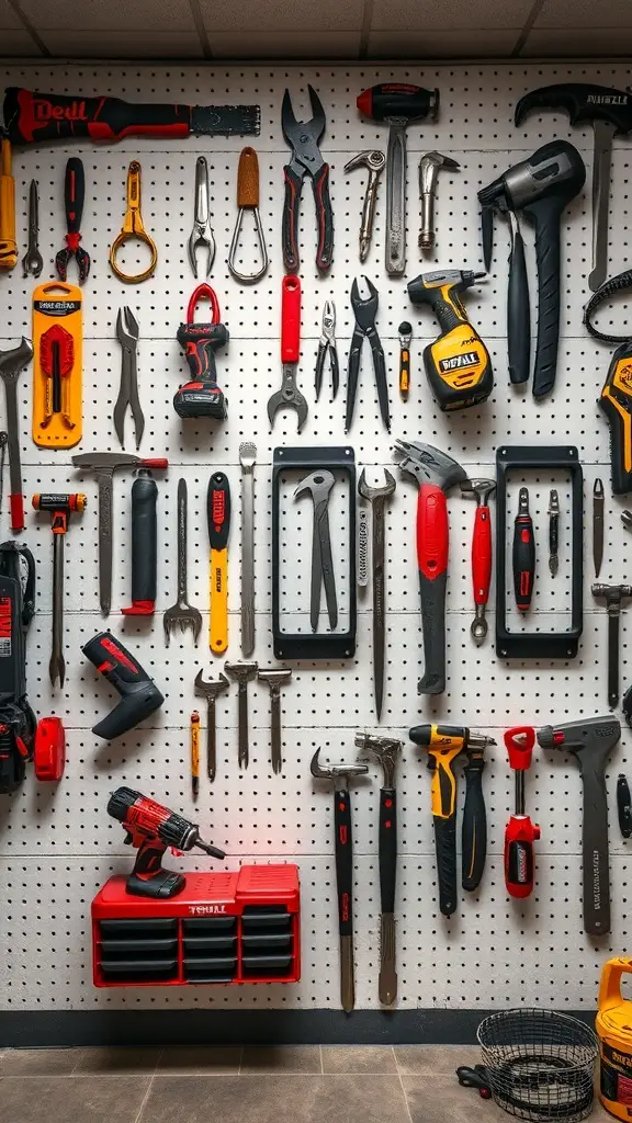A pegboard tool wall displaying various hand tools and accessories.