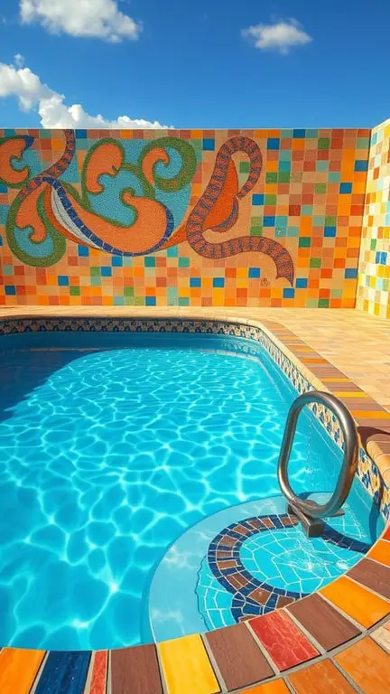 37+ Stunning Backyard Pool Design Ideas to Transform Your Outdoor Space 17 A colorful mosaic tiled pool with vibrant patterns and a sunny sky