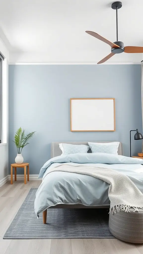 A chic bedroom featuring light blue walls, gray bedding, and modern decor.