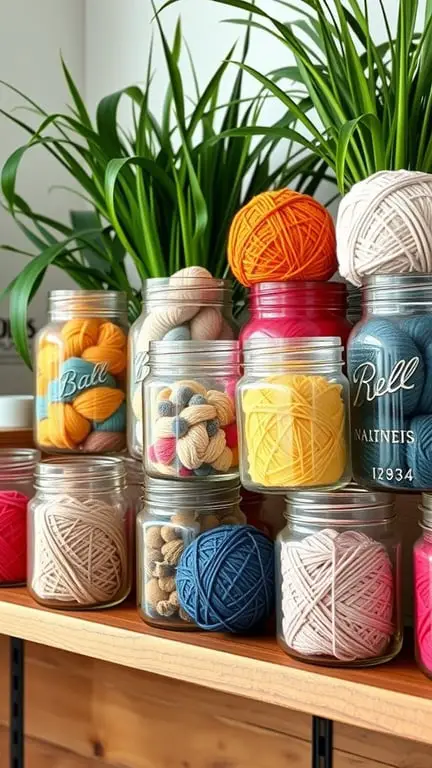 25+ Creative Yarn Storage Ideas for Organizing Your Stash 8 Colorful yarn balls stored in mason jars on a wooden shelf with green plants in the background.