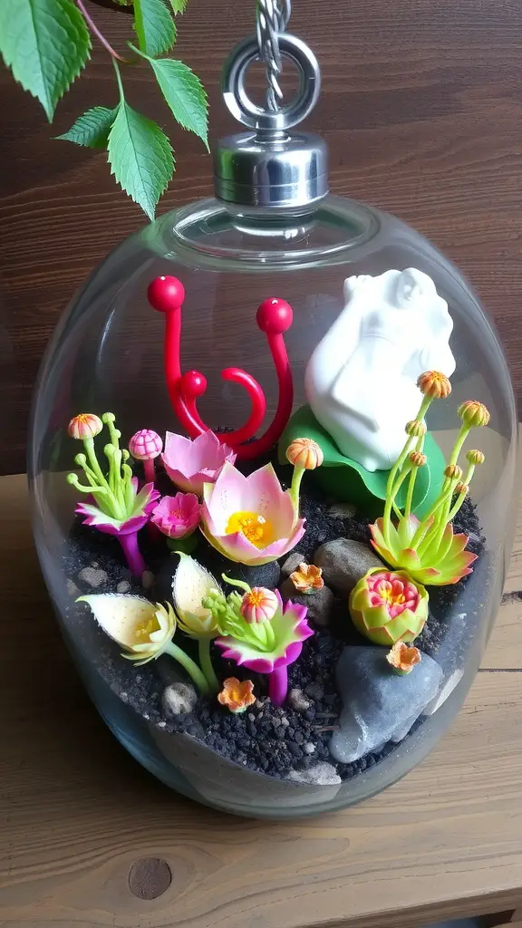 A vibrant terrarium featuring carnivorous plants, a miniature house, and whimsical decorations.