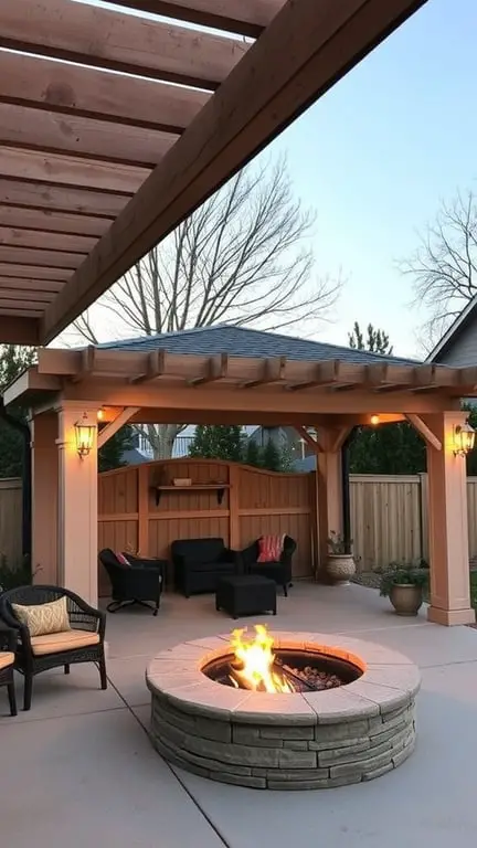 17+ Inspiring Garage Pergola Ideas for Your Outdoor Space 16 A cozy pergola with a fire pit area, featuring comfortable seating and a warm fire.