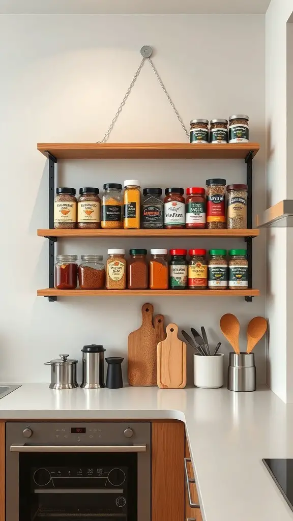 19+ Creative Spice Rack Ideas to Organize Your Kitchen 14 Wall-mounted spice rack with open shelves displaying various spice jars and kitchen utensils.